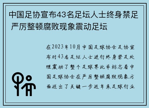 中国足协宣布43名足坛人士终身禁足 严厉整顿腐败现象震动足坛 中国足协宣布43名足坛人士终身禁足 严厉整顿腐败现象震动足坛